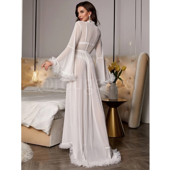 White Mesh Robe Belted, Trumpet Sleeve, Long and Sheer, Ruffle Detail - Picture 7 of 12